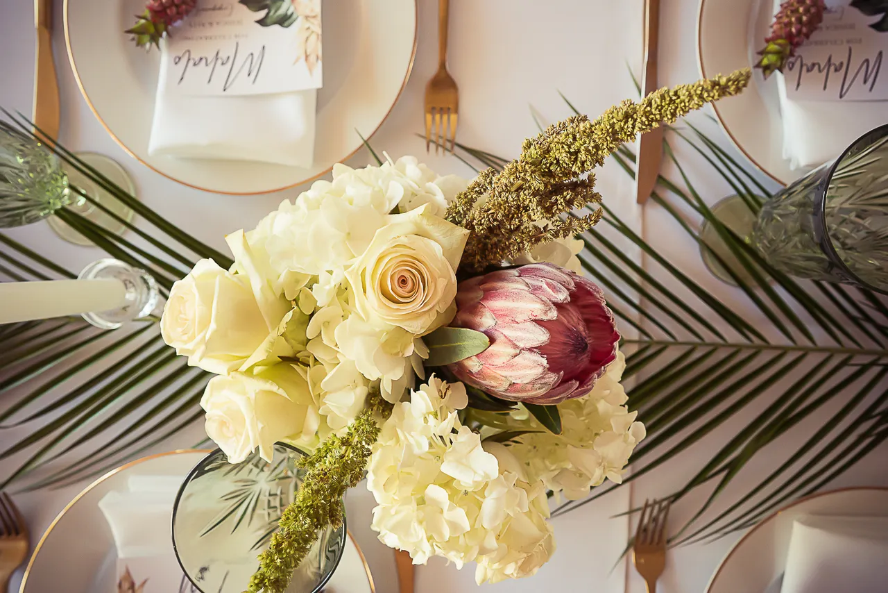 Close-up floral centerpiece at a themed party