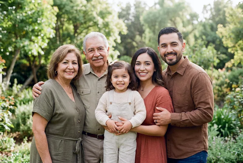 Multigenerational family smiling together outdoors in a green garden setting