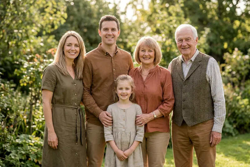 Multigenerational family smiling together outdoors among trees and greenery