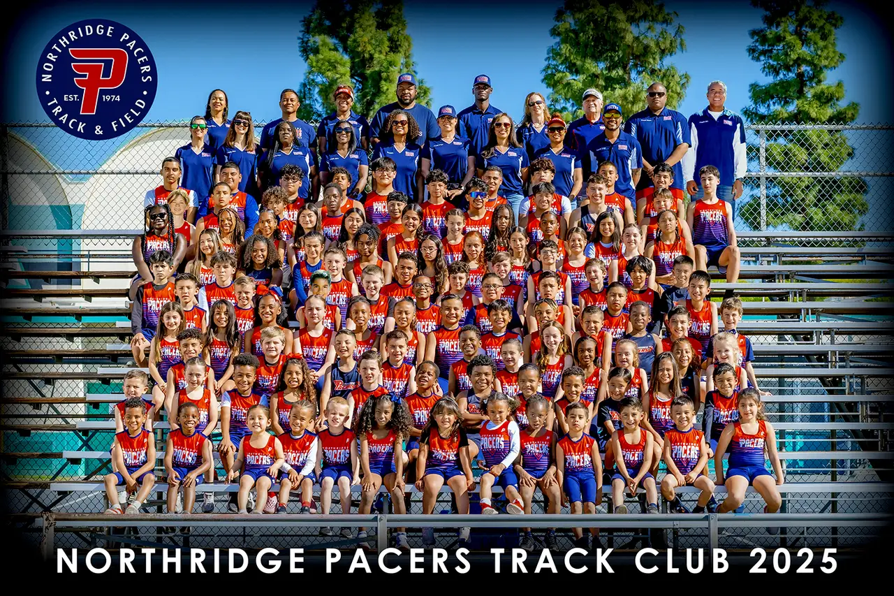 Youth track and field team photo with coaches on the bleachers