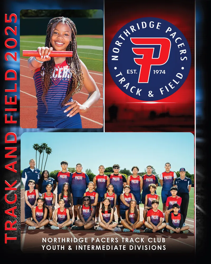 Northridge Pacers Track Club 2025 track and field team composite with individual baton portrait