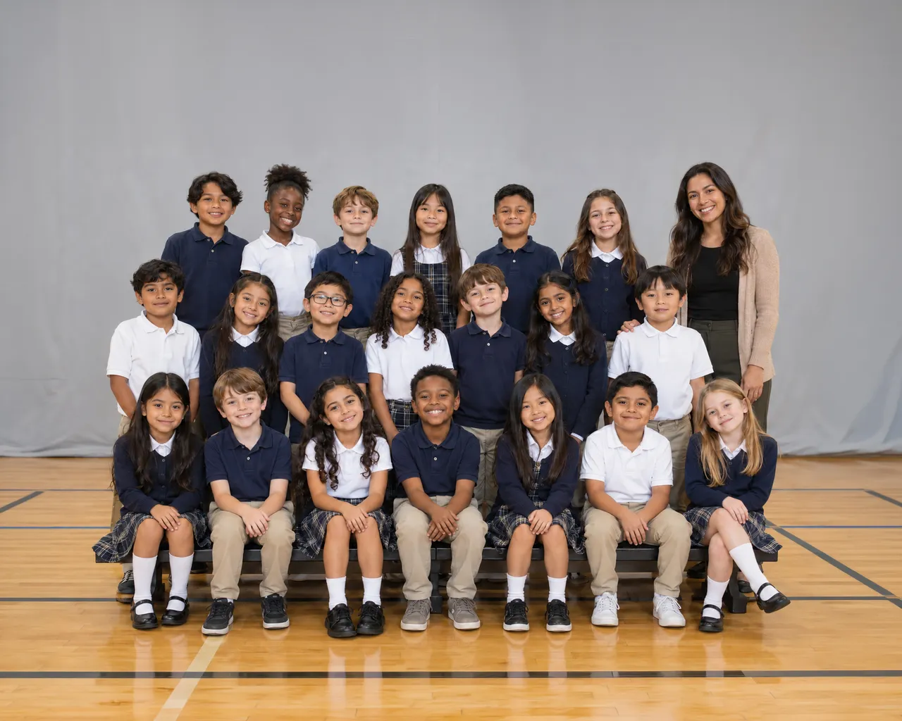 Group of school-age children in matching uniforms posing together for a class portrait in a gym