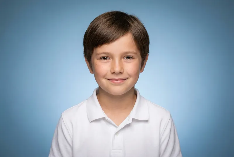 Boy in a white polo shirt smiling against a blue backdrop