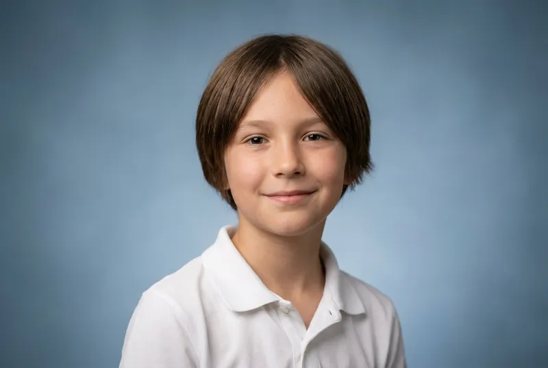 Boy with longer hair in a white polo shirt smiling against a blue backdrop
