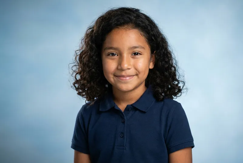 Girl with curly hair in a navy polo shirt smiling against a blue backdrop