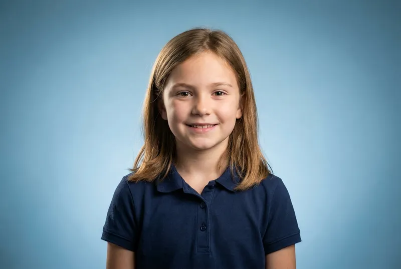 Girl with straight hair in a navy polo shirt smiling against a blue backdrop