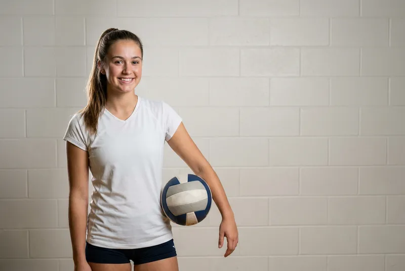 Young volleyball player holding a volleyball in a studio portrait
