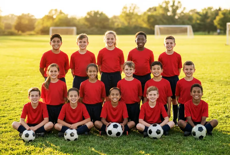 Youth soccer team in red jerseys posing together on the field with soccer balls